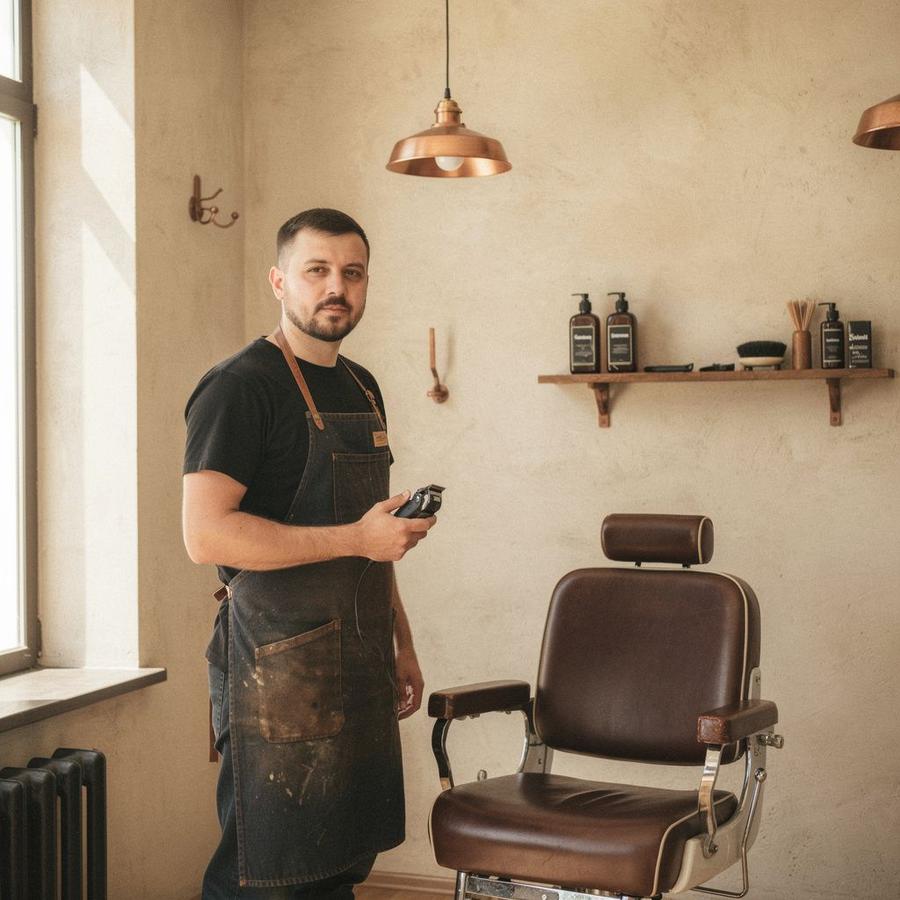 Barber Oleksandr Hrytsenko finishing a taper fade with clippers in the Kyiv studio