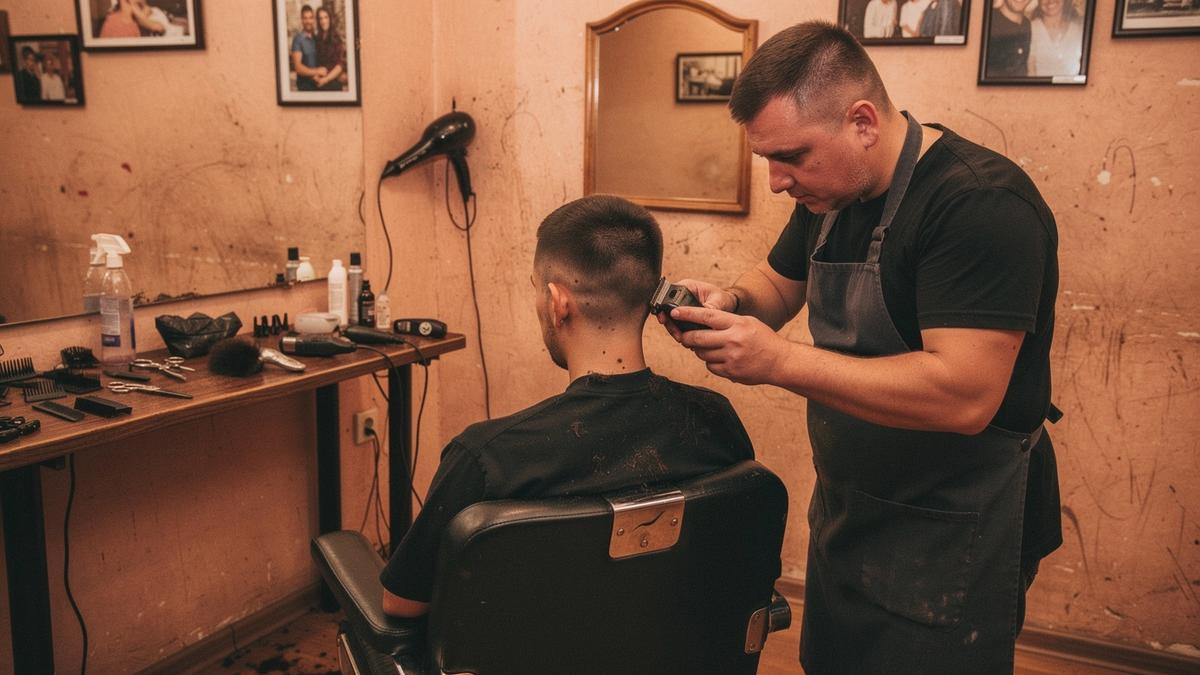 Barber finishing a skin fade with clippers at an appointment-only studio in Kyiv