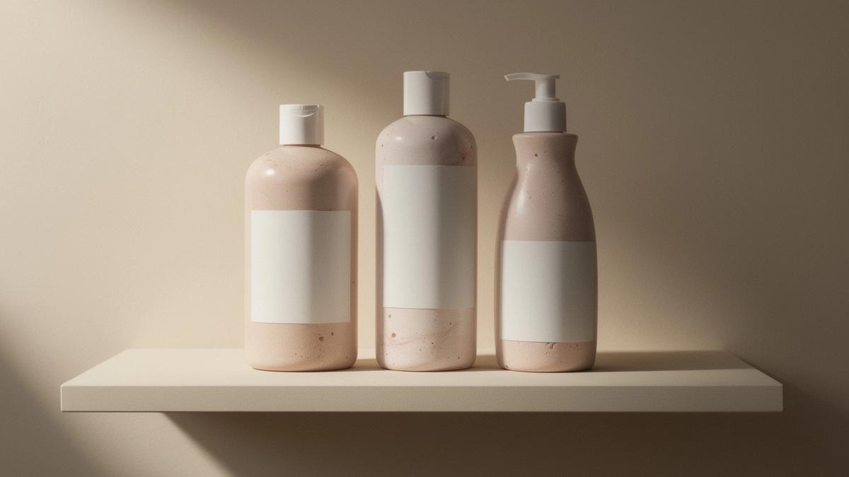 Grooming product bottles arranged on a studio shelf